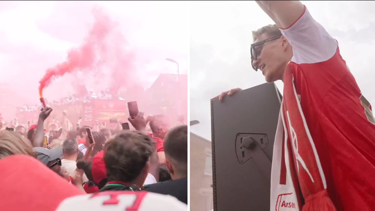 Red smoke and cheers from adoring fans fill the air as Arsenal's bus parade passes through to commemorate the team's first Premier League win in 22 years Sky's Barnaby Papadopulos reports from in the crowd 📺 Sky 501, Virgin 602, Freeview 233, and YouTube