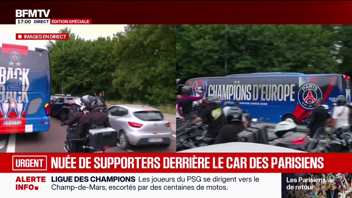 🚨 LE CORTÈGE DES PARISIENS JUSQU’AU CHAMP-DE-MARS A COMMENCÉ !!! 🚌❤️💙 Le nombre de motos et voitures qui suivent, C’EST IMPRESSIONNANT. 🤩 🎥 BFM