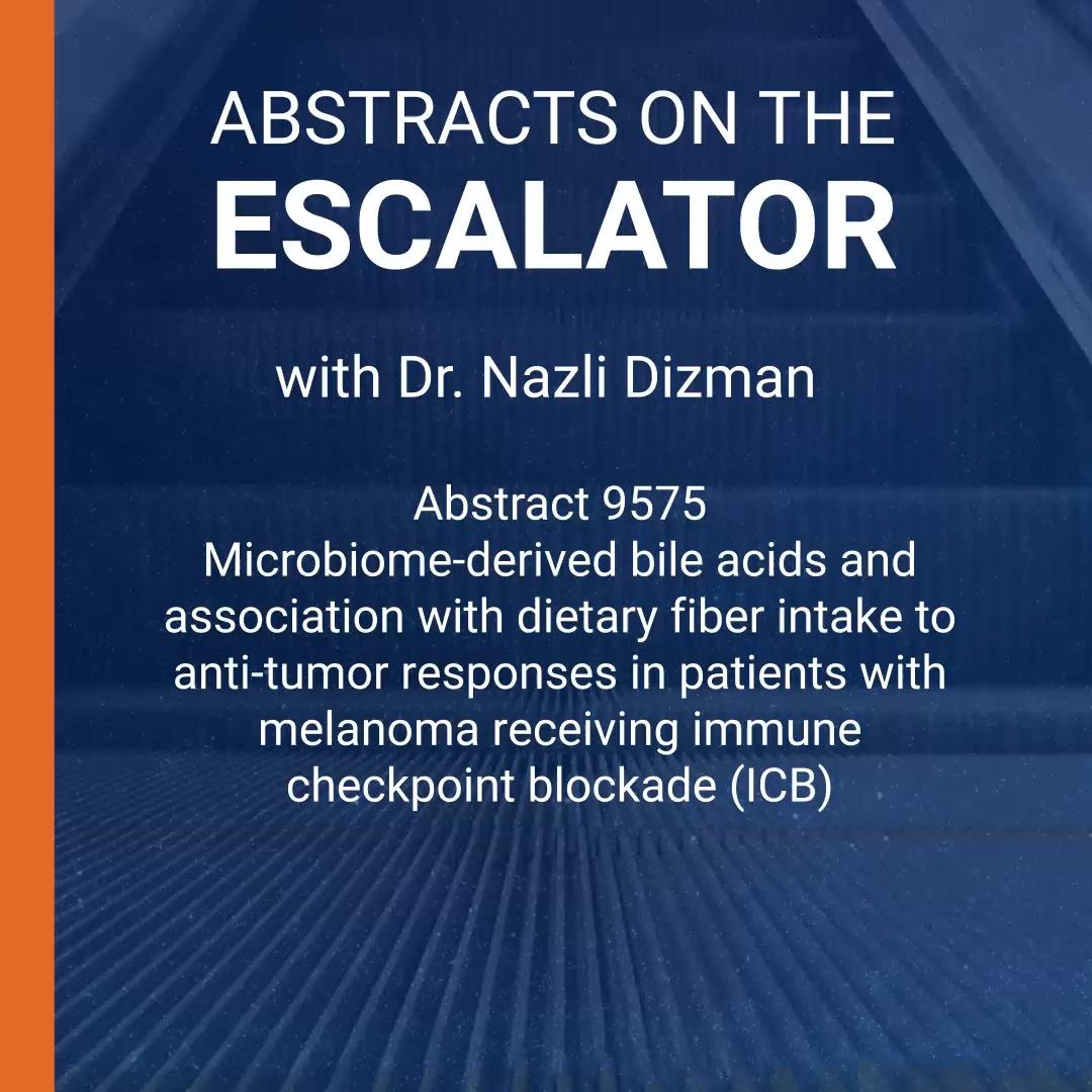 While riding the escalator w us @ #ASCO26, Dr Nazli Dizman gives an overview of her abstract, investigating whether microbiome-derived metabolites play a role in interactions btwn high-fiber diet & outcomes w ICBs—research funded by a Conquer Cancer #YIA: