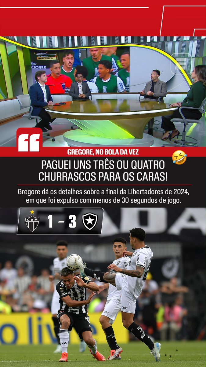 "SENTI ALÍVIO" Gregore contou, durante o Bola da Vez, os sentimentos e os detalhes depois de ser expulso, com menos de 30 segundos de jogo, durante a final da Libertadores de 2024. Haja churrasco, hein? 😅 #FutebolNaESPN #BolaDaVez #Botafogo