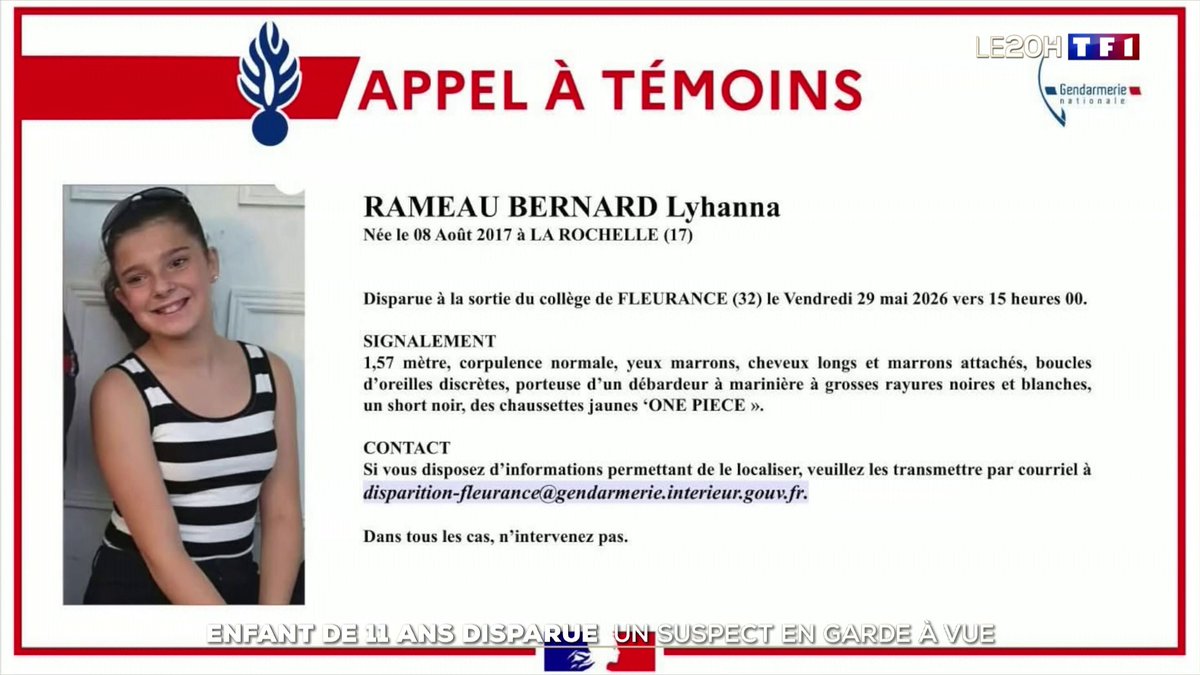🔴 Disparition d'une collégienne de 11 ans dans le Gers, un homme en garde à vue ➡️ Lyhanna a été aperçue pour la dernière fois vendredi vers 15h devant le collège du bourg, dans le véhicule du suspect 📺 #LE20H #JTWE de TF1 présenté par Anne-Claire Coudray