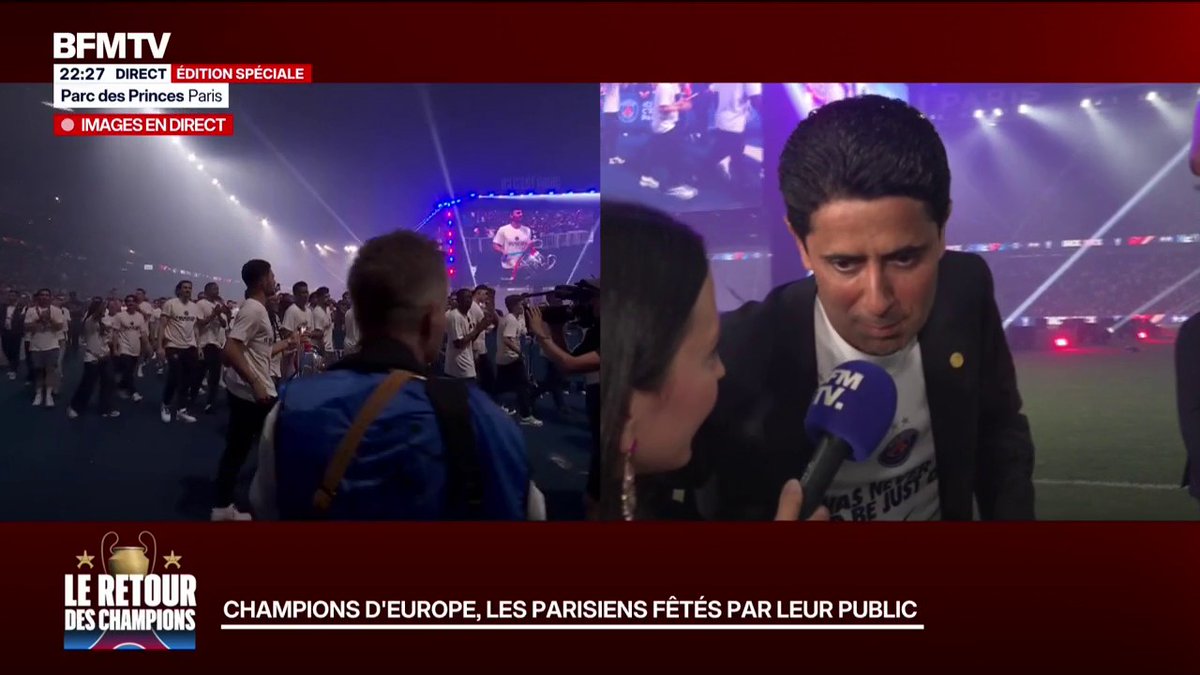 « On veut être humbles. On va recommencer à travailler dès demain. MERCI PARIS, MERCI LA FRANCE ! » 💪 L'émotion de Nasser al-Khelaïfi 🇶🇦. 🥹