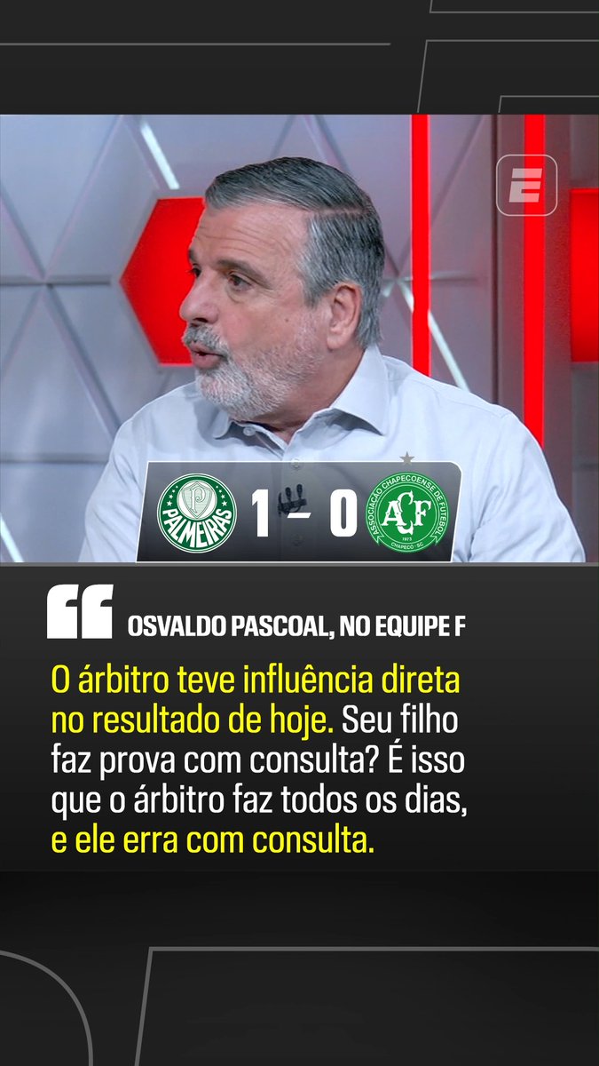 Osvaldo Pascoal criticou a arbitragem do jogo entre Palmeiras e Chapecoense e disse que as decisões interferiram diretamente no resultado da partida. #FutebolNaESPN