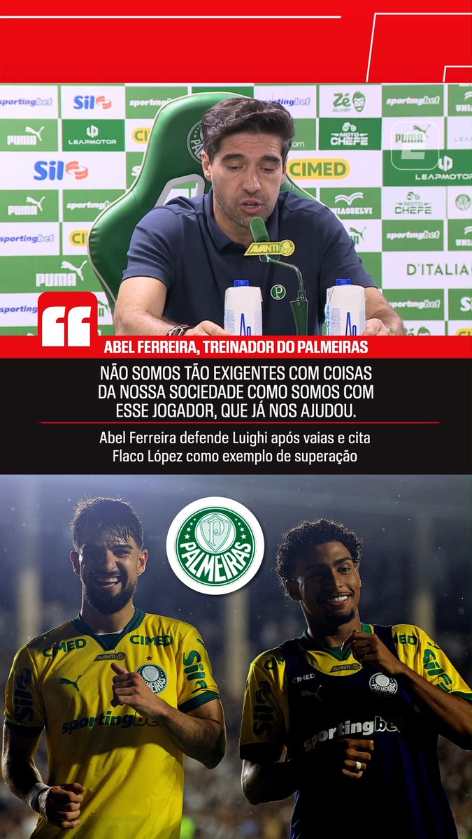 Abel Ferreira, sobre as vaias da torcida do Palmeiras ao atacante Luighi: “Há tanta coisa na nossa sociedade que nós poderíamos melhorar e ser exigentes, e não somos tão exigentes como somos, por exemplo, com este jogador.” 🎥 ESPN Brasil SportsCenter Brasil