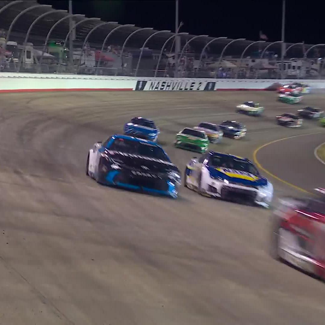 There's more trouble! Bubba Wallace slides down the race track and collides with Alex Bowman.