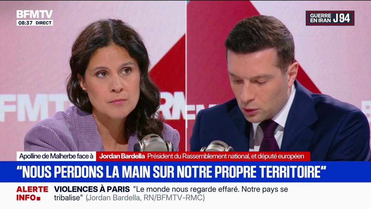 Jordan Bardella à propos des émeutes du PSG : "Le monde nous regarde effaré (...) Nous sommes en train de perdre la main sur notre propre territoire"