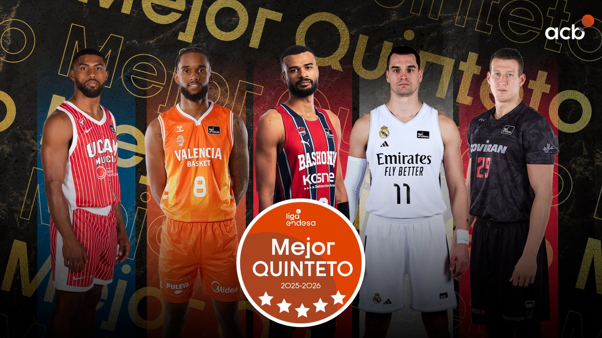 ¡Este es el MEJOR QUINTETO de la #LigaEndesa 2025-26! ⭐ David DeJulius - UCAM Murcia ⭐ Jean Montero - Valencia Basket Club ⭐ Mario Hezonja - Real Madrid Basket ⭐ Timothé Luwawu-Cabarrot - Kosner Baskonia ⭐ Luka Bozic - Coviran Granada