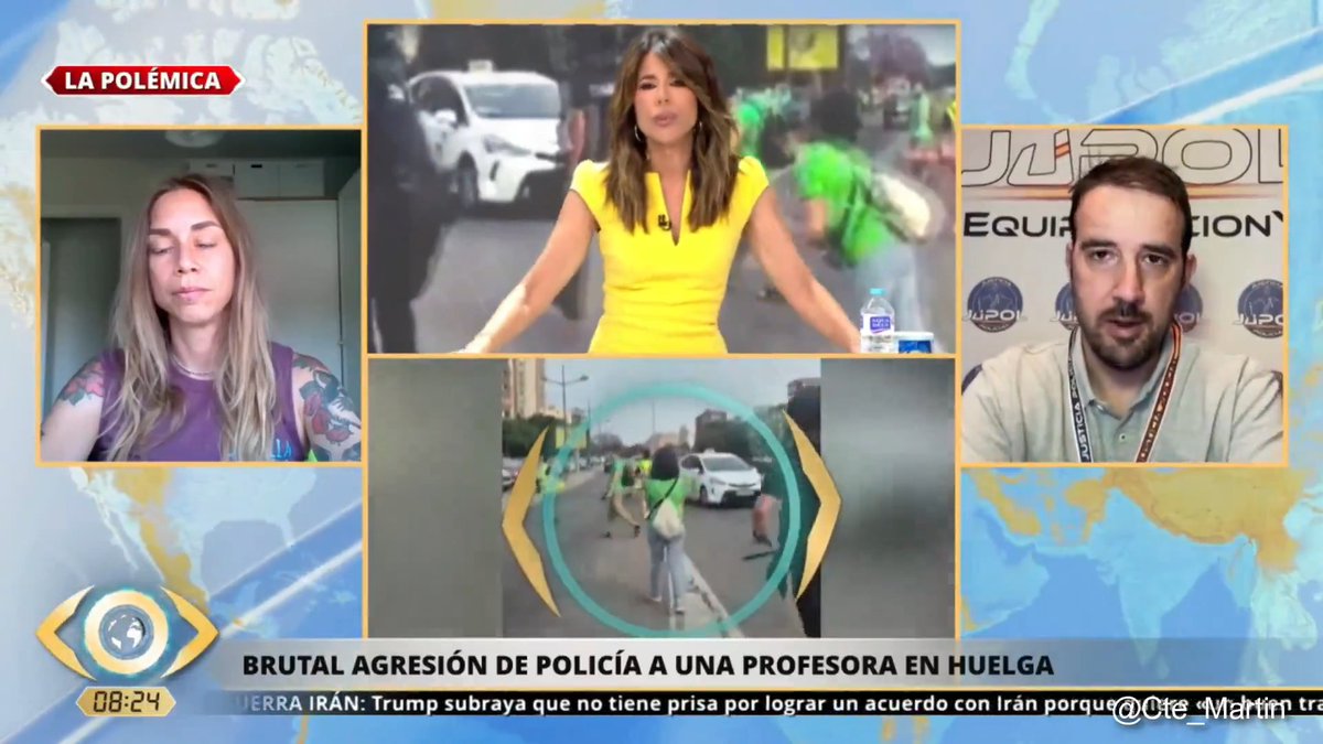 Sandra Cáceres, coordinadora de la Asamblea de Docentes, e Ibón Domínguez (Ibón Domínguez 🛂 🇪🇸🇺🇦), portavoz de Jupol (JUPOL), en la Mirada Crítica sobre el incidente del empujón y caída de la mujer en la manifestación de profesores en Valencia.