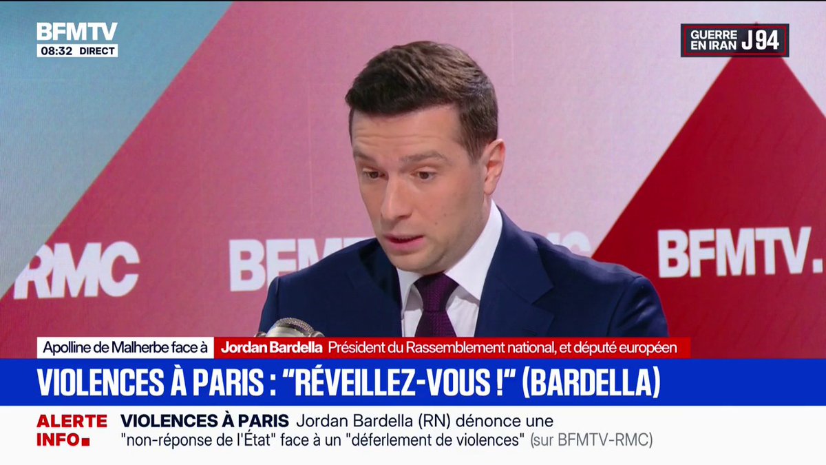 🇫🇷 FLASH | « Je dis aux Français : "Réveillez-vous", parce que dans quelque temps, ils rentreront dans vos appartements », affirme Jordan Bardella au sujet des violences après la victoire du PSG.