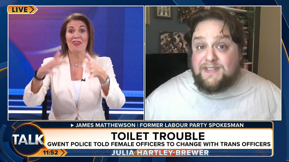 🚨 Former Labour spokesman James Matthewson accuses Julia Hartley-Brewer of "bigotry" over her views on trans ideology. JHB: "I've NEVER been bigoted. If a man believes he's a woman, he is either suffering from mental health issues, it's a fetish, or he's lying!" Julia Hartley-Brewer
