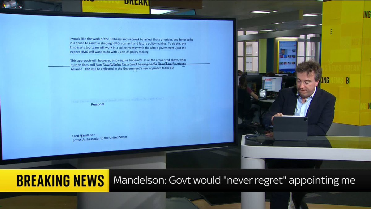 BREAKING: Peter Mandelson sent a handwritten note to then Foreign Secretary David Lammy telling him that the government would "never regret" appointing Mandelson as US ambassador. Sam Coates Sky reports ⬇️ Mandelson files latest 🔗 📺 Sky 501 and YT