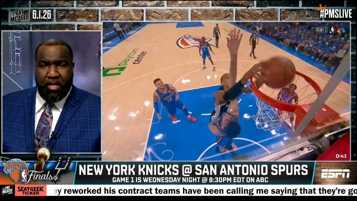 "I expect another seven game series. ... This is David and Goliath." Kendrick Perkins gives his outlook on the Spurs and Knicks NBA Finals matchup 🍿🏀 (via @patmcafeeshow)