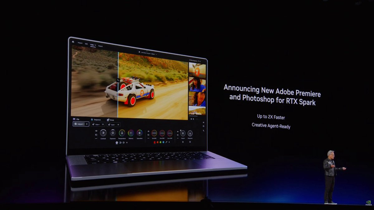 .Adobe Photoshop and Premiere — rebuilt from the ground up for NVIDIA RTX Spark. Up to 2x faster across AI, editing, coloring and effects. Full GPU acceleration. AI-native pipeline. Coming soon.
