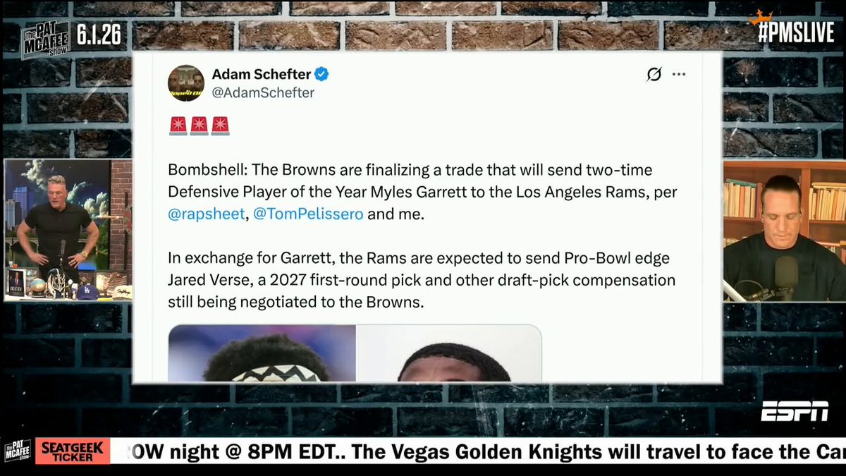 The moment Pat McAfee and crew found out Myles Garrett was traded to the Rams 🤯 The Rams are expected to send Pro-Bowl edge Jared Verse, a 2027 first-round pick and other draft-pick compensation still being negotiated to the Browns, sources told, Tom Pelissero, Adam Schefter, and Ian Rapoport. (via Pat McAfee)