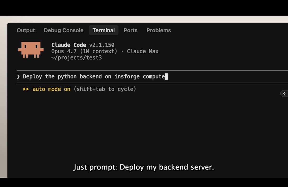 Introducing InsForge Compute. Deploy long-running backend services as Docker containers via your coding agent. It writes the Dockerfile, builds the image, injects env vars, runs the container, and returns a live URL. All in under 60 seconds.