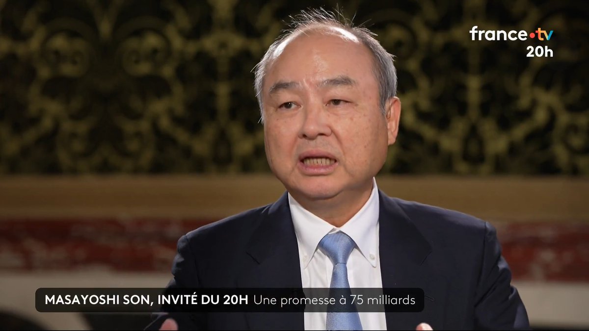 🇯🇵🤝 Masayoshi Son, président fondateur du géant japonais SoftBank, affirme que ses investissements vont créer des "dizaines de milliers" d'emplois en France d'ici 5 ans : l'IA, "c'est un marché immense". #JT20h