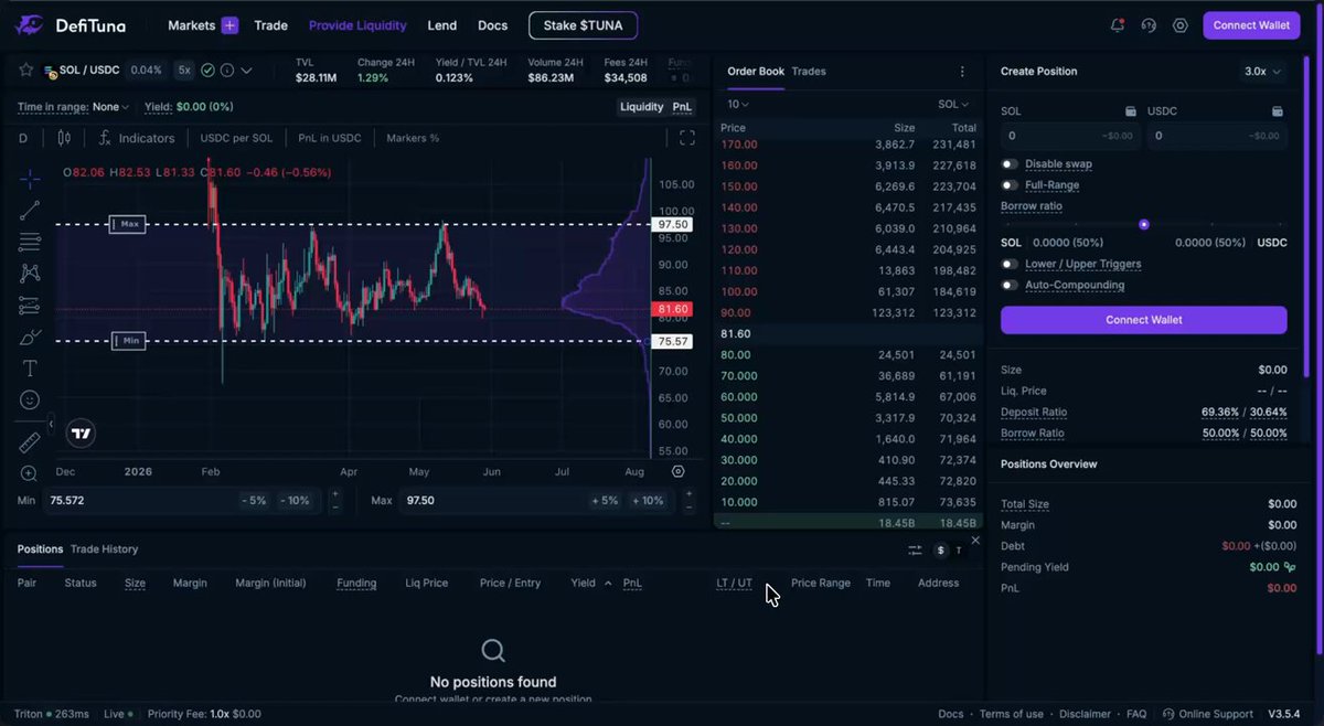 If LP is hard for you Just visit DefiTuna It's amazing how easy it is to understand when you're in profit and when you're not You can: • Collect fees when price goes sideways • Long and collect fees while enjoying upside exposure • Short and collect fees without exposure I'm shorting SOL rn, with $67 target