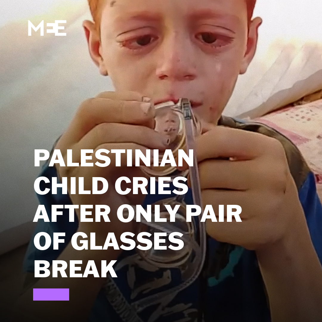 A video circulating online shows a Palestinian child named Ayoub Junaid crying over his broken glasses. Ayoub explained that his lenses and frames shattered after he accidentally dropped them