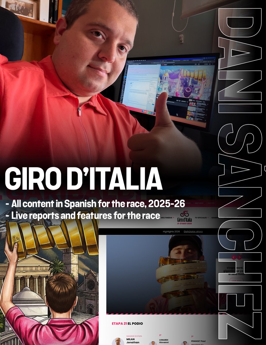 Hola a todos. Busco trabajo. Si os gustó Calendario Ciclismo App, ahora yo os pido ayuda. Varias noticias y contexto personal. La primera: mi aventura formando parte del equipo Digital de Eurosport.es terminó hace algunos días. Necesito, por tanto, alguien que apueste por mí. Quien me haya seguido durante cinco minutos sabe todo lo que puedo hacer. Pero por si acaso, os lo cuento. Y ahora viene la segunda noticia. He estado trabajando dos años (de momento) en el Giro d'Italia. Voz digital en castellano para la carrera más bonita que existe en el mundo. Esto ya es una demostración de multitasking: lo he hecho MIENTRAS trabajaba en Eurosport. La confianza de mis jefes en ambos lados lo ha hecho posible. Pero, evidentemente, el Giro no es un trabajo que cubra todo el año. Estuve también 14 años en Movistar Team. Allí impulsé una estructura de comunicación digital desde cero. Web, vídeo, diseño gráfico, fotografía, prensa. Reconocimiento unánime. Aún me escribe gente para decirme que me echa de menos. En Eurosport han sido 18 meses. ¿Qué he desarrollado allí? Pues un canal de YouTube desde cero que ahora tiene 100K subs. Una presencia gráfica totalmente renovada en web y redes. Y sobre todo, he conseguido empujar al resto de la redacción a dar un paso adelante y ser mejores. Me he sentido apreciado y valorado. Si no sigo, es simplemente porque WBD es tan grande que quienes toman esas decisiones a veces ni siquiera conocen tu trabajo. Y luego está Calendario Ciclismo. Una web y dos apps lanzadas desde cero en tiempo récord, y que reflejan verdaderamente mi pasión. Una que ahora comparto con más de 1000 personas cada semana. Mis DM están abiertos y mi web personal, con todo mi portfolio, la tenéis en mi perfil. Me gustaría volver al ciclismo o seguir en el deporte, pero escucho cualquier ofrecimiento, temporal o permanente, en comunicación digital, redes sociales, creación de contenido o informática. Gracias a todos.