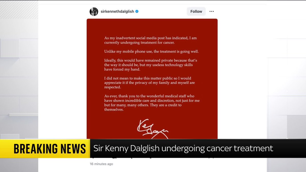 BREAKING: Sir Kenny Dalglish confirms he is undergoing cancer treatment. The ex-Liverpool footballer published a statement referring to an "inadvertent social media post" and asking for privacy as he "did not mean to make this matter public." 📺 Sky 501