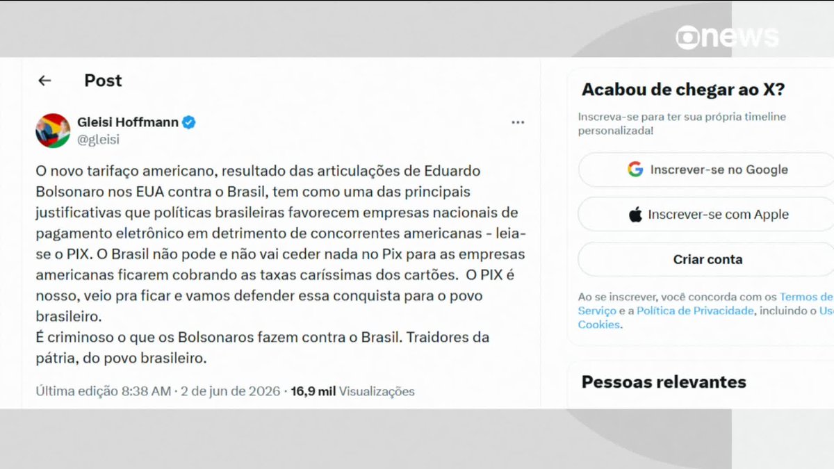 Políticos se manifestam sobre a possibilidade de novas tarifas dos EUA. Gleise Hoffmann atribuiu a Eduardo Bolsonaro a decisão do governo norte-americano: "É criminoso o que os Bolsonaros fazem contra o Brasil. Traidores da pátria, do povo brasileiro". Flávio Bolsonaro fez questão de tentar se desvincular da decisão recente dos Estados Unidos: "Pedi expressamente ao presidente Trump para não taxar nossas empresas". ➡️Assista à #GloboNews: #ConexãoGloboNews #tarifa #EUA #Brasil