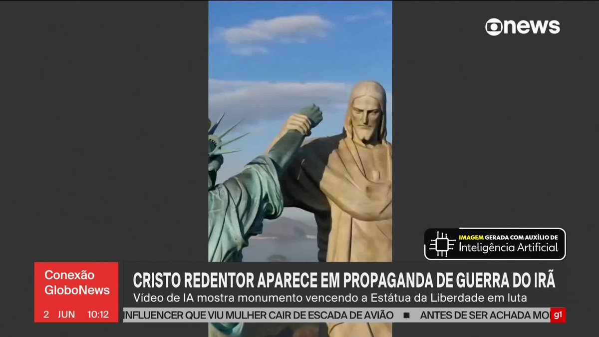 Cristo Redentor aparece em propaganda de guerra do Irã. Vídeo de IA mostra monumento vencendo a Estátua da Liberdade em luta. ➡️ Assista à #GloboNews: #ConexãoGloboNews
