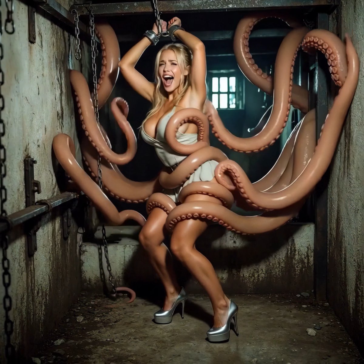 Part 2 Maria's best friend came to the party looking for her... Now she's trapped in the Professor's tentacle basement too. Pinned, spread wide and completely overflowing. #EroticHorror #TentacleMonster #Bukkake #MonsterSex #Tentacle #LargeBreasts