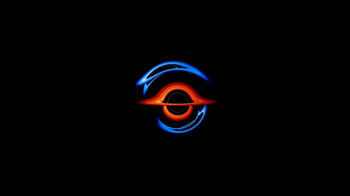As gravity distorts our view… This simulation shows how the extreme gravity of two orbiting black holes bends and redirects light emanating from the chaotic hot gas surrounding each one. As they pass in front of one another, light weaves through the fabric of space and time.