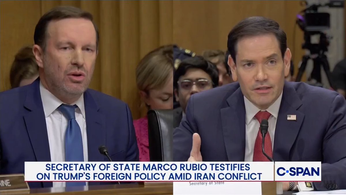 Sen. Murphy: "Give us a little insight into what your bottoms lines are, what is going to get the Strait reopen." Sec. Rubio: "We can't live in a world where they get to close the Strait and tell everybody pay us a toll or we'll blow you up."