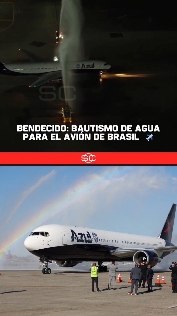 ¿LA BENDICIÓN PARA BUSCAR LA SEXTA? Antes de despegar y en su aterrizaje en Estados Unidos, el avión de la Selección de Brasil recibió un "bautismo" de agua ✈️🇧🇷 🏆 #ESPNMundial