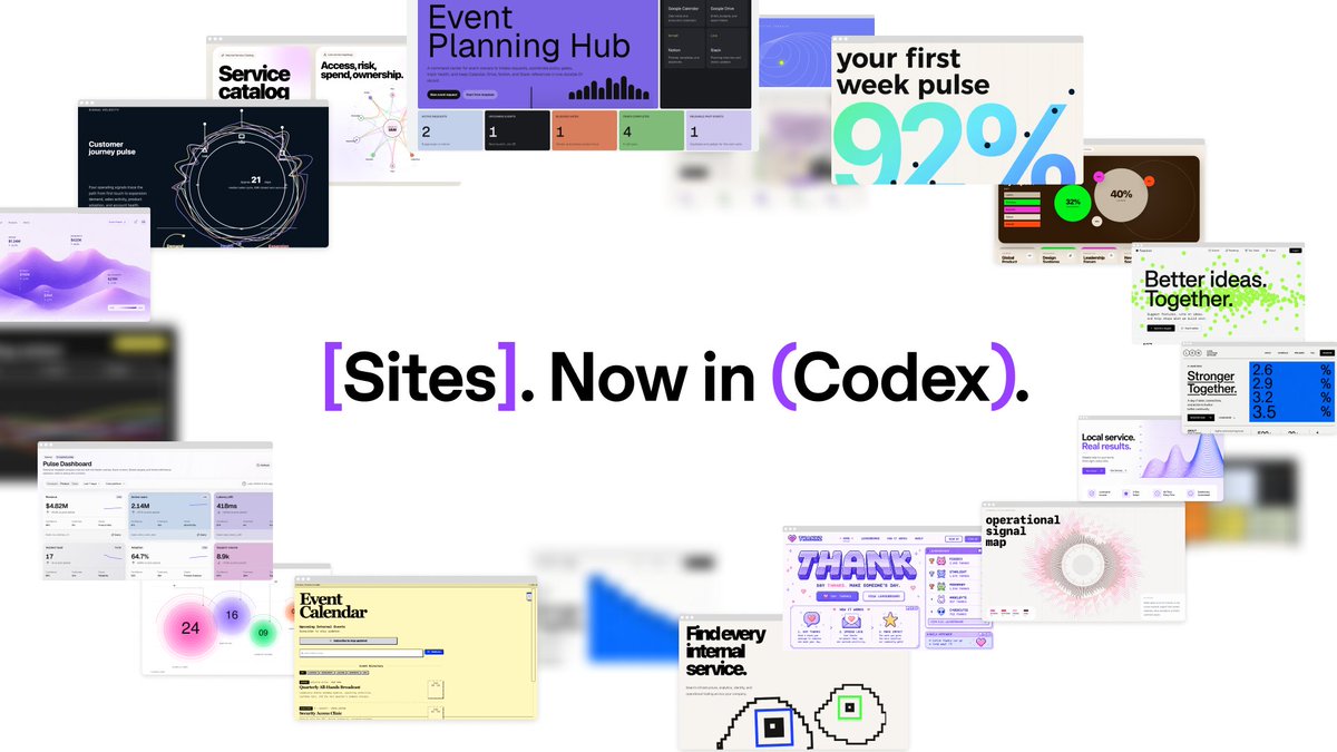 Building apps has never been easier. With Sites, Codex can turn your work, ideas, and plans into an interactive website or app your team can explore, use, and share with a URL. Rolling out to Business and Enterprise plans, before expanding more broadly.