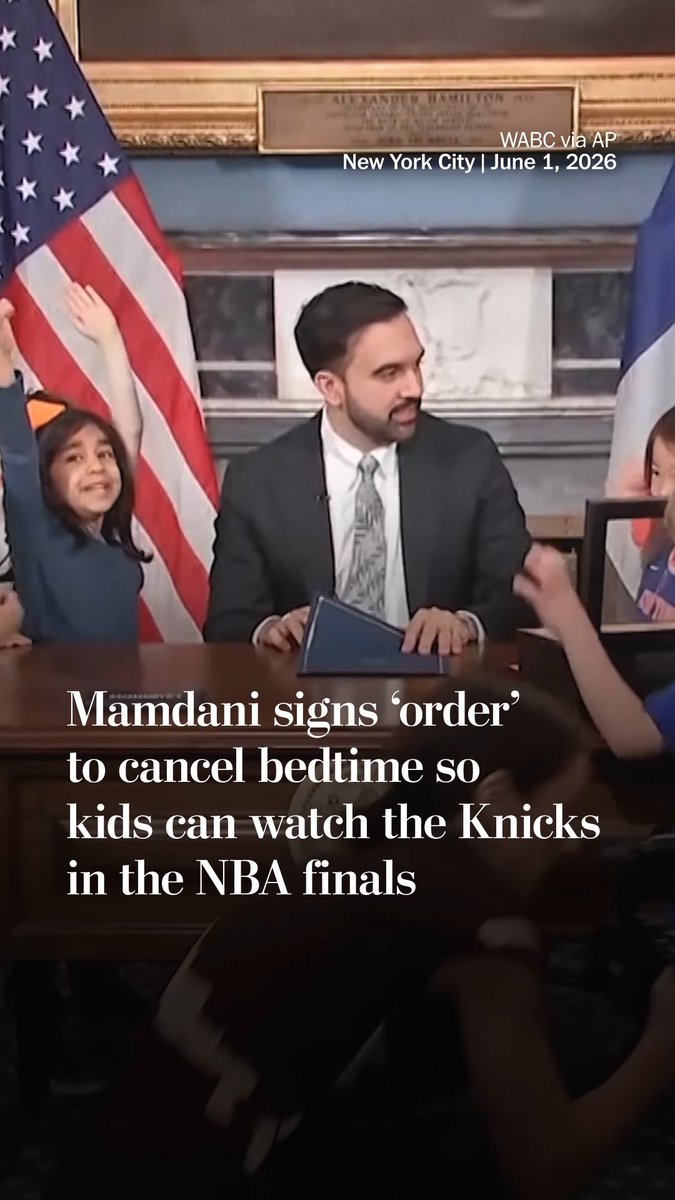 New York City Mayor Zohran Mamdani jokingly signed an executive order repealing bedtime for kids for the duration of the 2026 NBA Finals, whose games start at 8:30 p.m. EST. "As Mayor, you’re forced to make many difficult decisions," Mamdani wrote on X with images of the fake order. "This was not one of them." This is the first time the New York Knicks will play in the NBA Finals since 1999. Game 1 against the San Antonio Spurs will be on Wednesday, June 3.