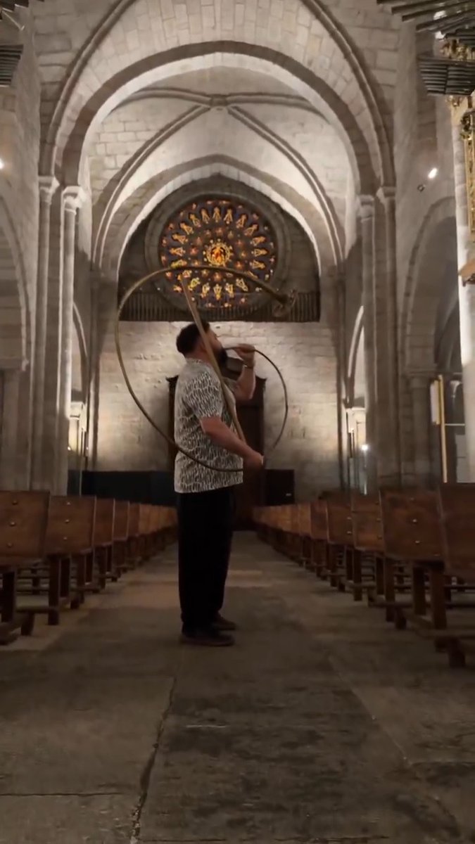 Turn the sound ON 🔊 Abraham Cupeiro commanding the ancient Roman cornu inside the Cathedral of Mondoñedo. That deep, resonant bronze roar echoing through 870 years of stone… absolute chills. Pure ancestral power 🔥