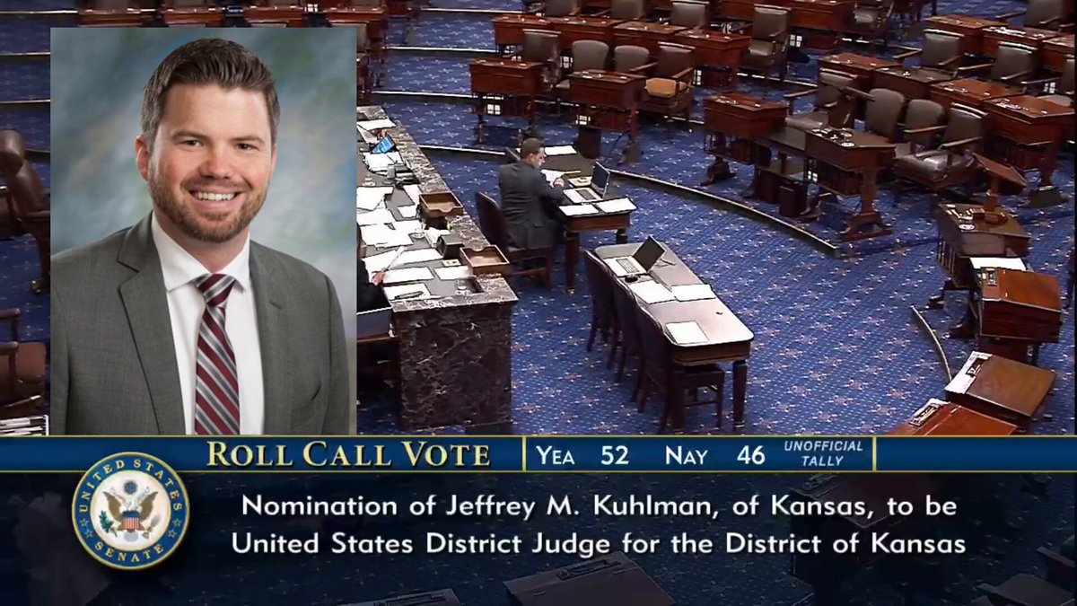 🚨 JUST IN: The US Senate has officially CONFIRMED Trump judicial nominee Jeffrey Kuhlman to be US District Judge for the District of Kansas, 52-46 "The nomination is confirmed." 🔥 Activist judges dealt another blow! The more Trump confirmations the better 🇺🇸