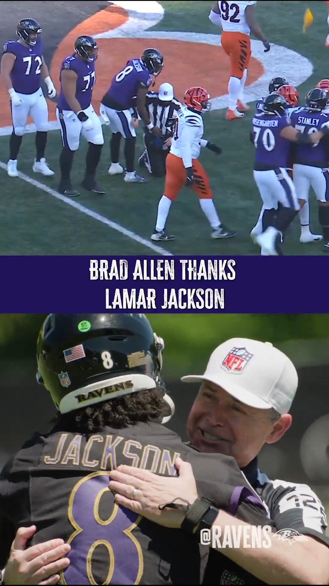 Last season, Lamar Jackson helped ref Brad Allen up when he got knocked down during a play... Today, at practice Brad got a chance to thank Lamar 💜