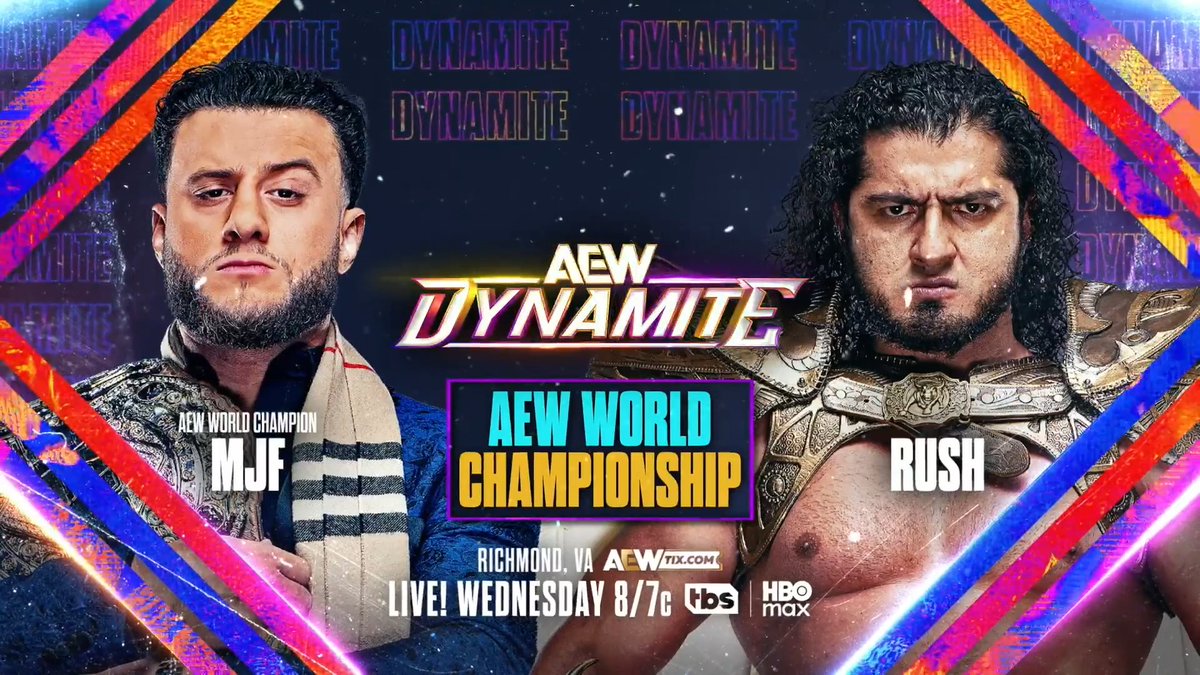 #AEWDynamite LIVE, 8/7c, TBS & HBO Max Tomorrow, 6/3! AEW World Championship Maxwell Jacob Friedman™️ vs @RUSHToroBlanco After MJF was confronted by the red hot RUSH on Dynamite, El Toro Blanco will lock horns with the Devil for the AEW World Title, TOMORROW!