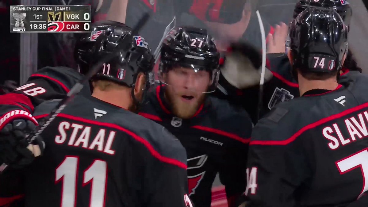 NIKOLAJ EHLERS NETS THE FIRST GOAL OF THE #STANLEYCUP FINAL 🤯 He opens the scoring for the Carolina Hurricanes just 25 SECONDS into the game! 🌪️ 🇺🇸: ABC 🇨🇦: Sportsnet &amp; TVA Sports