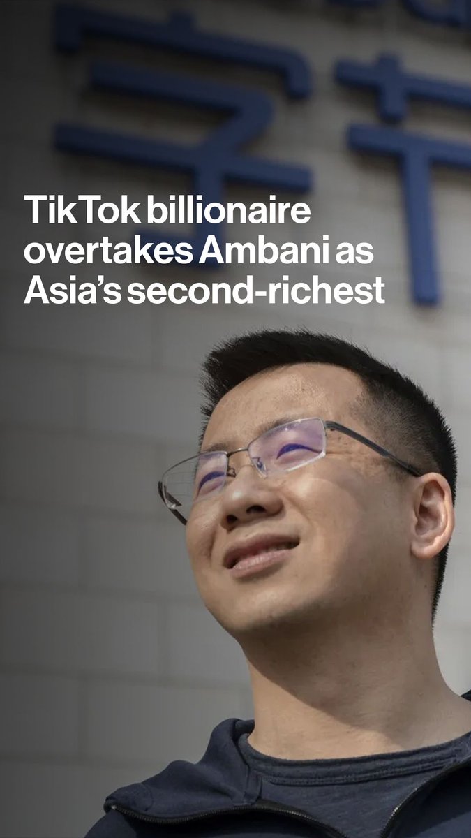TikTok billionaire Zhang Yiming has overtaken India’s Mukesh Ambani to become Asia’s second-richest person after a rise in ByteDance’s valuation and further progress in the Chinese firm’s AI ambitions