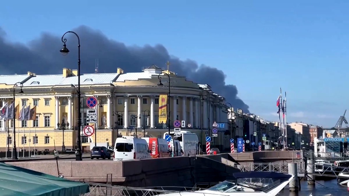 Thick gray smoke was seen rising over St. Petersburg, Russia, as the sound of explosions could be heard following a reported Ukrainian drone strike
