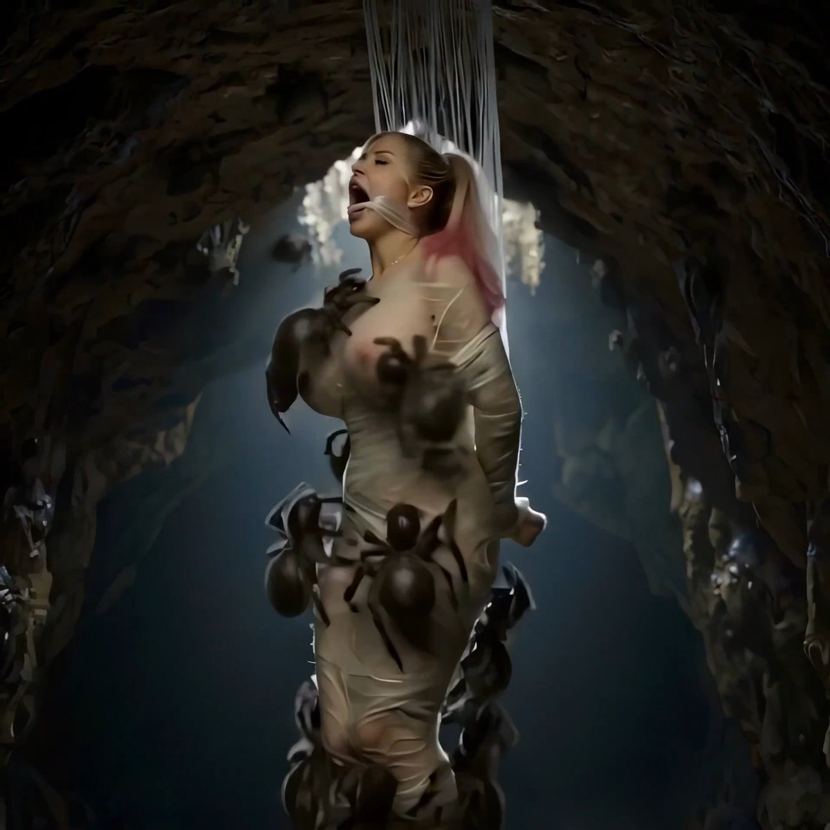 The monster spider’s offspring are hungry! Now she's wrapped, lifted and covered in spiders deep inside the cave. #EroticHorror #SpiderAbduction #Bondage #NSFW #Monster #GiantSpider #Vore