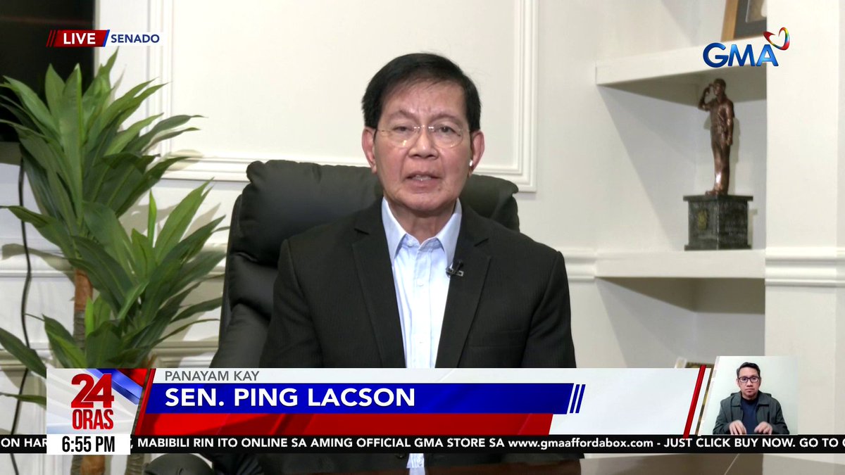 "PAANO KAMI MAGDE-DEBATE KUNG NASA FACEBOOK SIYA AT KAMI AY NASA PLENARY?" — SEN. LACSON Iginiit ni Sen. Panfilo "Ping" Lacson na hindi na si Sen. Alan Peter Cayetano ang Senate President kasunod ng rigodon sa huling araw ng sesyon sa Senado. Ani Lacson, ilegal din ang pagdeklara ng "sine die adjournment" ng Senado sa pamamagitan ng sulat na ipinamahagi ni Sen. Cayetano. Kaugnay naman sa biglang pagdalo ni Sen. Francis "Chiz" Escudero, sabi ni Lacson, kusang loob itong pumunta at walang kinalaman ang imbestigasyon kay Escudero kaugnay ng flood control scandal. Nananatili raw ang rekomendasyon ni Lacson sa Ombudsman at na kay Escudero na aniya kung paano nito dedepensahan ang sarili sakaling paharapin sa asunto. Panoorin ang buong live interview ng 24 Oras.