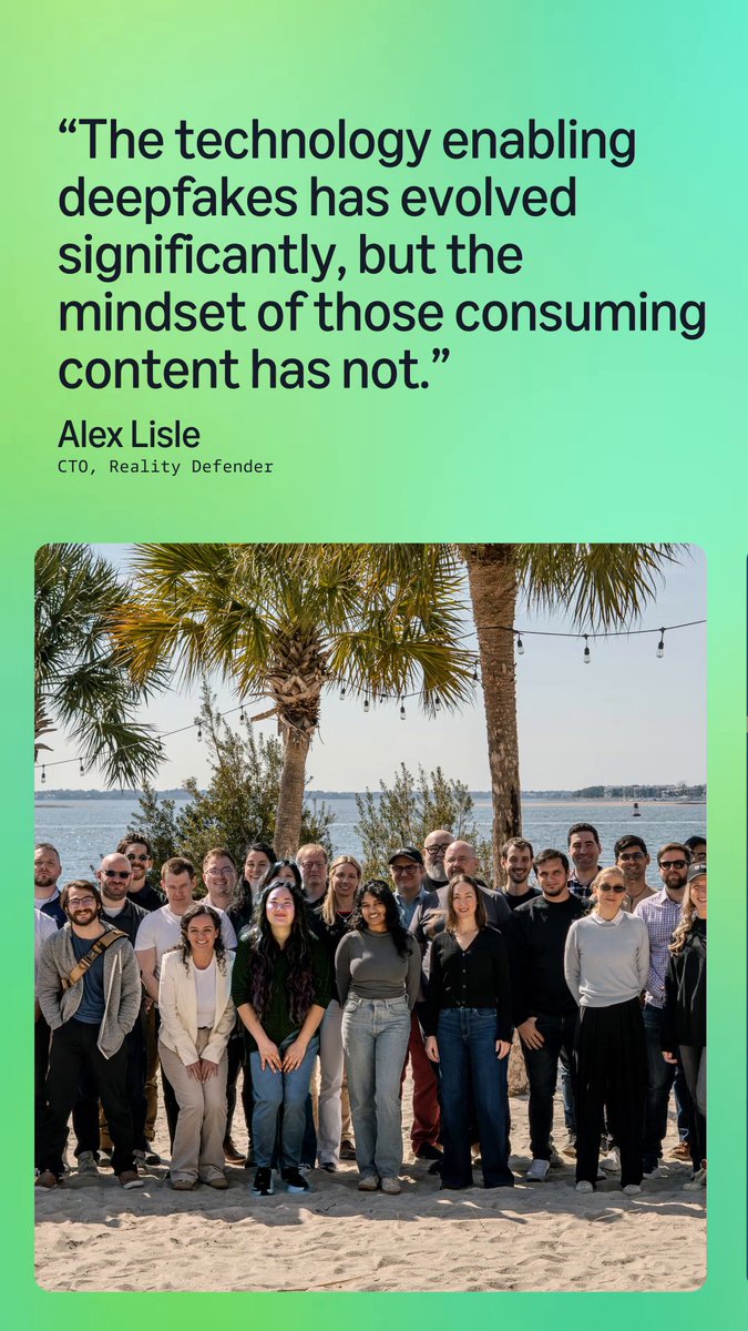 Seeing is no longer believing. Reality Defender (Reality Defender) is stepping in. Reality Defender is leading a cultural shift, helping businesses detect deepfakes in real time across voice and video. Built on AWS, the startup is scaling trust and security for financial institutions, governments & global organizations navigating the AI era.
