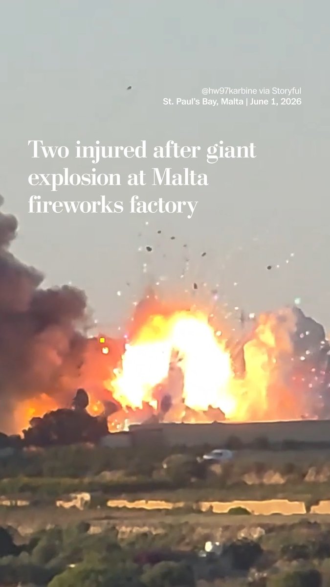 Two people were injured by a large explosion at a fireworks factory in Malta on June 1. The two men working in nearby fields at the time were taken to hospital with minor injuries, local police said. No factory workers were on the premises.