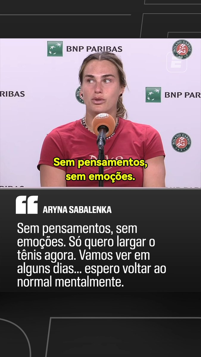 'HOJE EU SÓ QUERIA LARGAR O TÊNIS' - Após perder 10 games seguidos e ser eliminada de Roland Garros tomando um 6/0 no último set, Aryna Sabalenka fez um forte desabafo na entrevista coletiva! A número 1 do mundo falou em querer desistir do tênis e também sobre a sua situação mental! 👉 Assista aos jogos de Roland Garros AO VIVO pela ESPN no Plano Premium do #DisneyPlus! #RolandGarrosNaESPN #RolandGarros #Sabalenka
