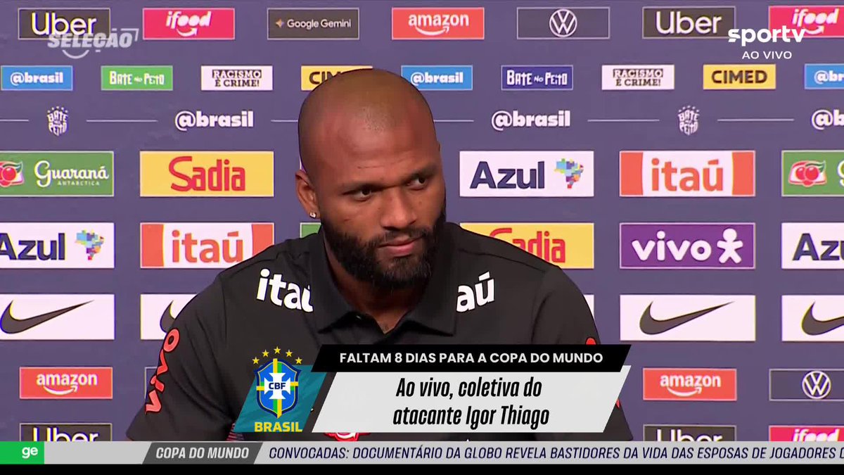 “É a maior realização da minha vida (defender o Brasil na Copa do Mundo). Quando eu estava na minha cidade, eu sonhava com isso, mas quando você vive isso, é um sentimento que vai muito além. Sou muito grato a Deus.” 🎙️ Igor Thiago. 🎥 sportv | ge