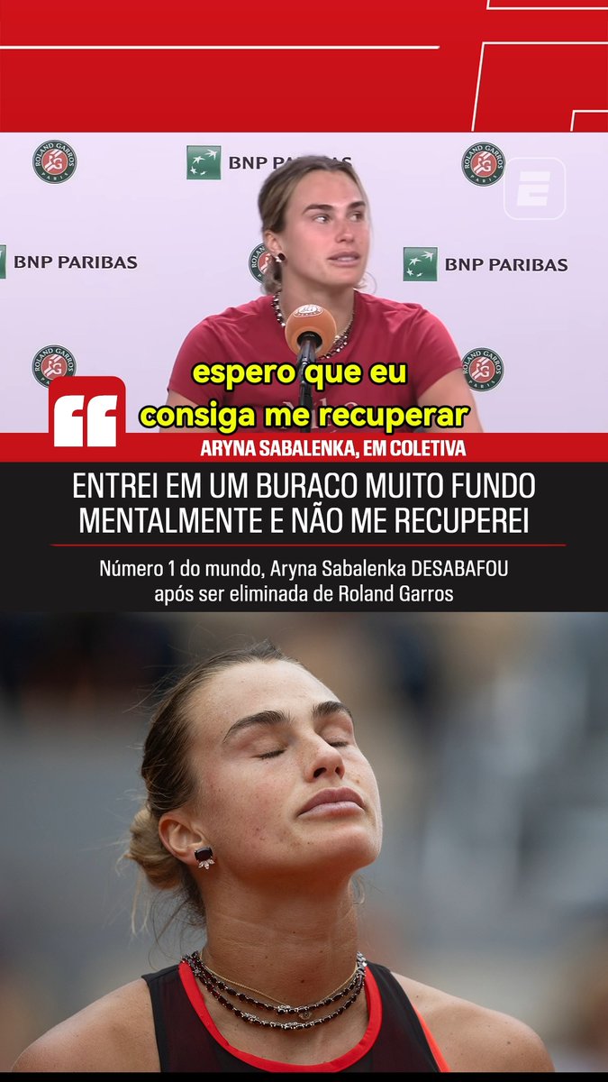 Mais que uma coletiva, um enorme desabafo de Aryna Sabalenka... Após ser eliminada de Roland Garros perdendo os últimos 10 games do jogo e tomando 6/0 no úlitmo set, a número 1 do mundo aproveitou a coletiva e desabafou sobre a sua situação mental e o "descontrole" que ela mesmo admitiu ter em alguns momentos dos principais jogos do circuito! 👉 Assista aos jogos de Roland Garros AO VIVO pela ESPN no Plano Premium do #DisneyPlus! #RolandGarrosNaESPN #RolandGarros #Sabalenka
