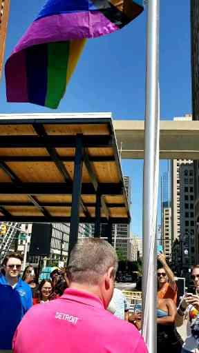 Motor City Pride. Detroit Mayor Mary Sheffield helps raise the Pride Flag in Spirit Plaza in a ceremony leading up to this weekend's annual Motor City Pride Festival and Parade, expected to draw some 65,000 people to the riverfront. VIDEO: Jon Hewett