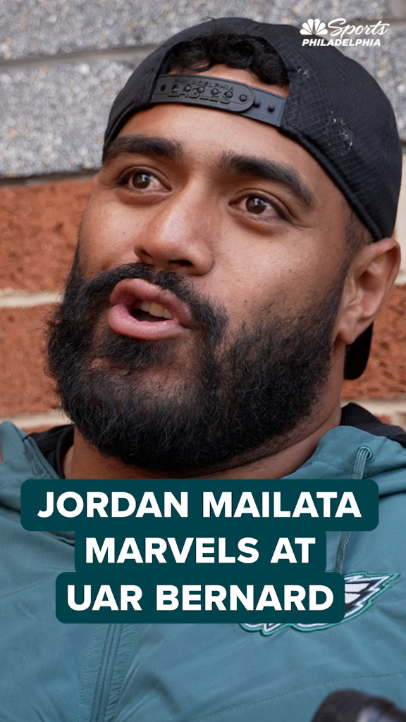 "Not of this planet" 🤯 Jordan Mailata is blown away by what he's seen from Eagles' 7th-round pick Uar Bernard out of Nigeria.