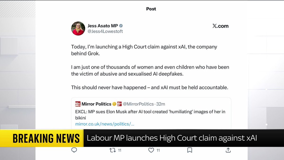 BREAKING: Labour MP Jess Asato has announced that she is launching a legal claim against Elon Musk's AI company, named xAI, after users generated sexualised images of her using Grok. Latest: 📺 Sky 501, Virgin 602, Freeview 233 and YouTube
