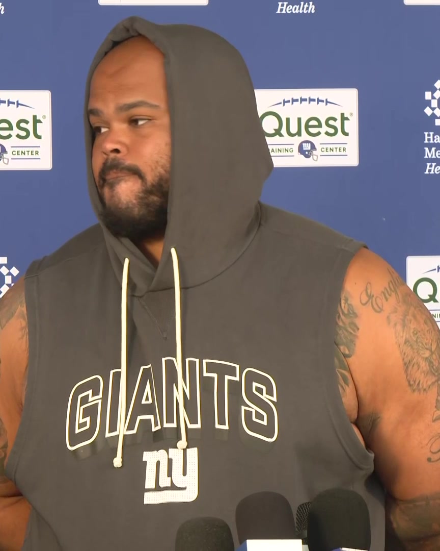 Sisi Mauigoa has already been going toe-to-toe with Brian Burns and Abdul Carter in practice, Jermaine Eluemunor says: "He's not afraid to get in Burns' face, get in Abdul's face and let them know"